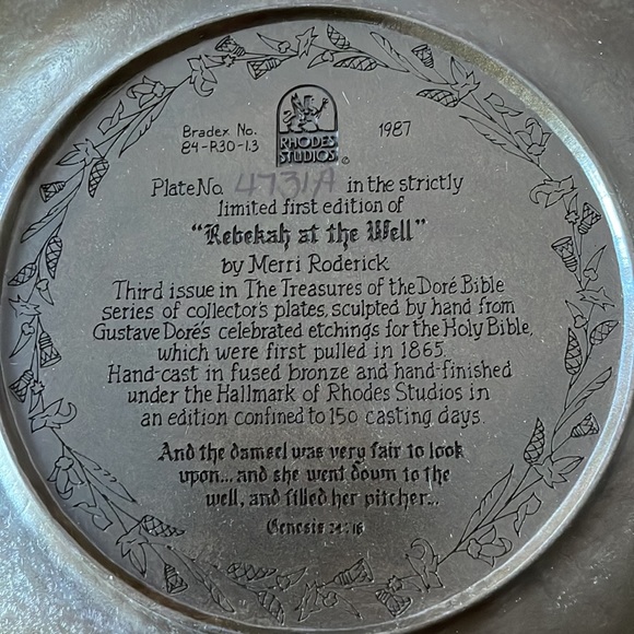Rhodes Studios “Rebekah at the Well” Bronze Plate - Picture 2 of 3